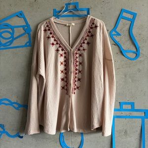 Entro Embroidery Waffle Knit Button Front V Neck Top